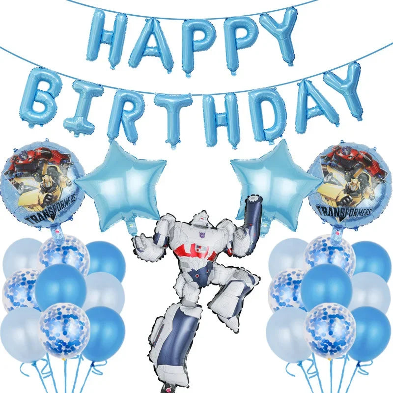 Décoration anniversaire Transformers avec ballons Megatron, étoiles et guirlande bleues – Transformers.