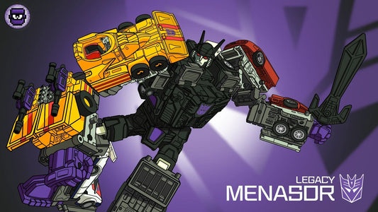 Robot Menasor articulé formé de voitures colorées, fond violet, style dessin animé – Transformers.