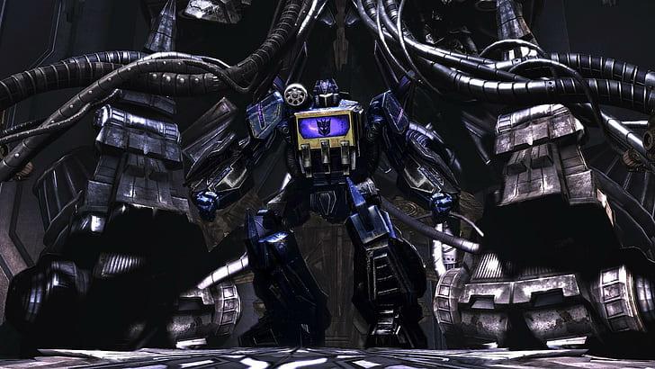 Papier peint Soundwave, robot bleu de Transformers debout en posture puissante, décor mécanique sombre – Transformers.