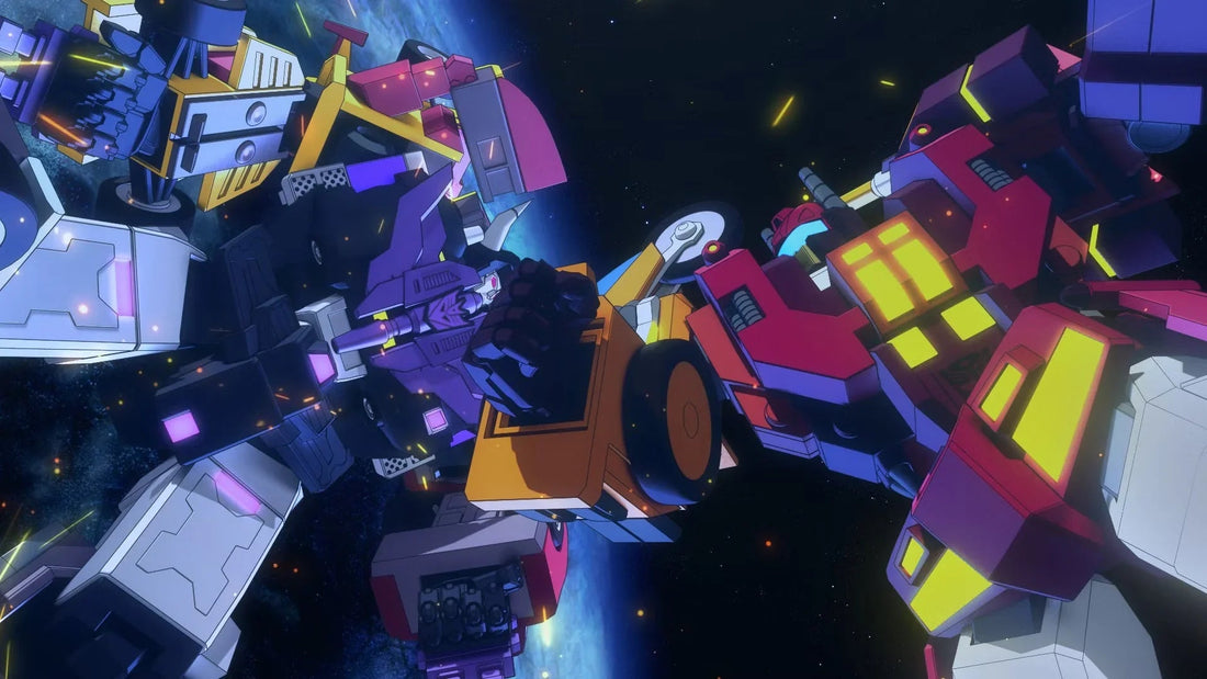 Deux robots Transformers géants s’affrontent dans l’espace, couleurs vives et décor étoilé – Transformers.