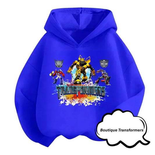 Sweat à capuche bleu enfant avec Bumblebee, Optimus Prime, robots et logo coloré – Transformers.