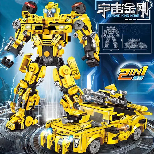 Robot jaune transformable en voiture, style mécanique, fond futuriste bleu – Transformers.