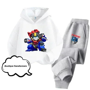 Ensemble enfant blanc et gris avec sweat à capuche et pantalon, décor Optimus Prime – Transformers.