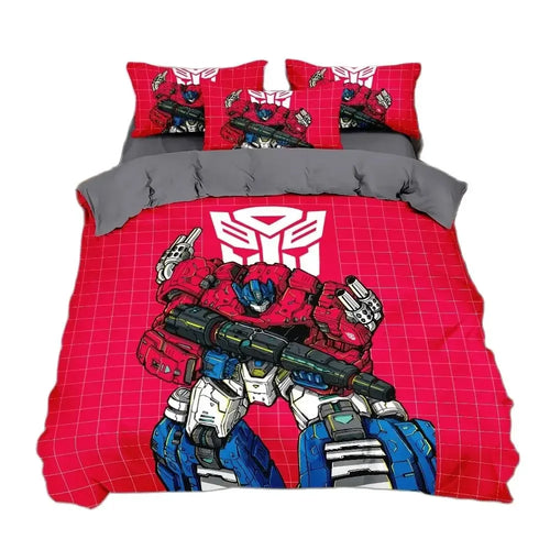 Parure de lit Transformers rouge avec robot armé, logo Autobot blanc au centre, style BD – Transformers.