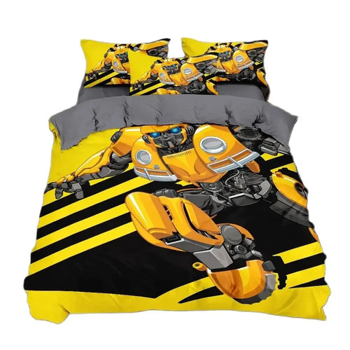 Parure de lit avec robot jaune style Bumblebee, fond noir et jaune, motif dynamique – Transformers.