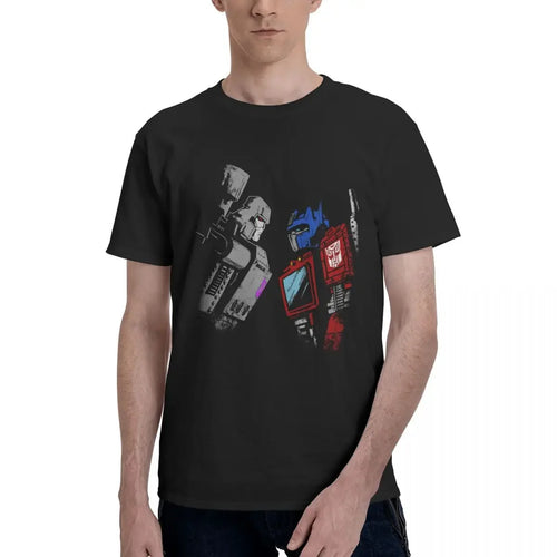 T-shirt noir avec Optimus Prime et Megatron illustrés en couleurs vives stylisées – Transformers.