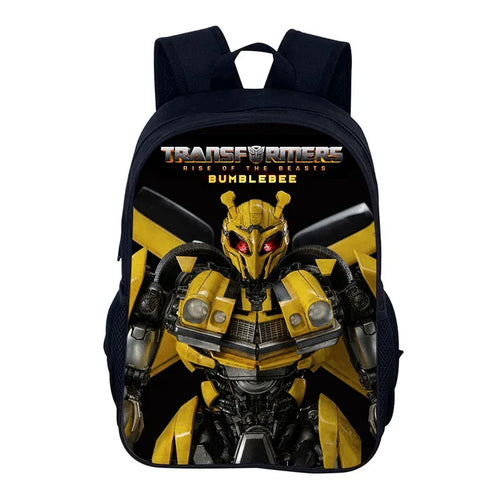 Sac à dos noir avec visuel de Bumblebee en robot jaune, regard rouge, sur fond noir – Transformers.