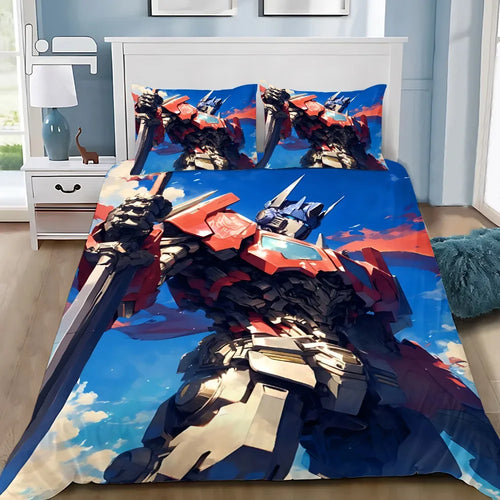 Parure de lit avec Optimus Prime coloré en posture héroïque sur fond ciel bleu – Transformers.