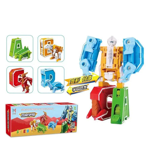 Robot jouet transformable dinosaure, lettres colorées assemblées, style cartoon – Transformers.