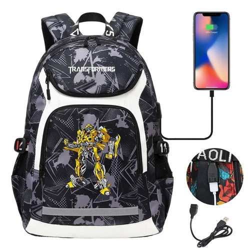 Sac à dos noir motif Bumblebee jaune, port USB et câble, décor graphique, style moderne – Transformers.
