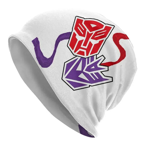 Bonnet blanc avec logos Autobots rouge et Decepticons violet, motifs graphiques colorés – Transformers.