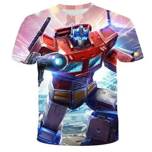 T-shirt imprimé Optimus Prime robot, couleurs vives, pose dynamique, fond futuriste – Transformers.