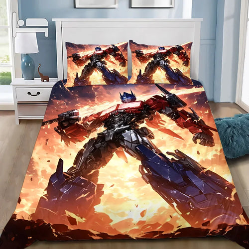 Parure de lit avec robot géant Optimus Prime sur fond de flammes, tons orange et bleu – Transformers.