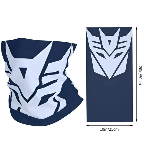 Tour de cou bleu marine avec logo Decepticon blanc, motif géométrique, dimensions visibles – Transformers.