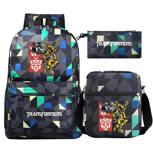 Ensemble sac à dos, sac bandoulière et trousse à motifs géométriques, robot jaune, logo rouge – Transformers.