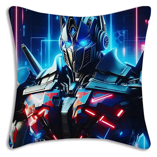 Coussin décoratif Optimus Prime, robot futuriste bleu et rouge sur fond lumineux digital – Transformers.