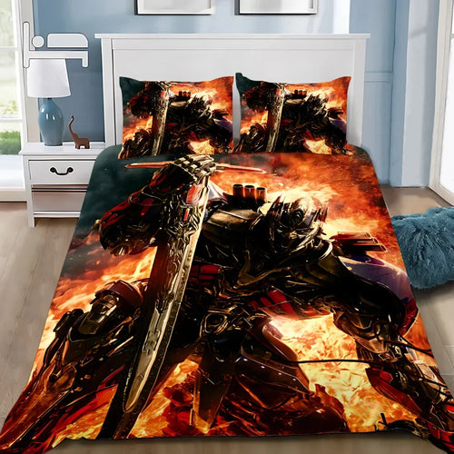 Housse de couette robot armé avec épée, décor enflammé, chambre moderne – Transformers.