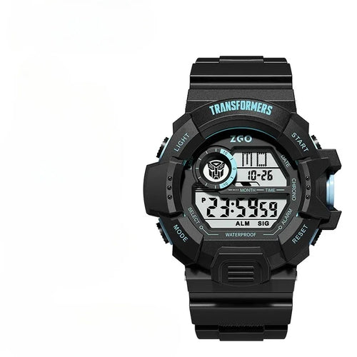 Montre digitale noire Transformers avec logo Autobot, afficheur LCD, détails bleus, fond blanc – Transformers.