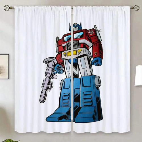 Rideaux blancs décorés d’Optimus Prime en style bande dessinée, posture fière – Transformers.