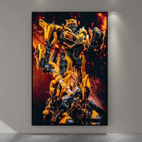 Affiche murale robot jaune imposant en posture dynamique sur fond rouge vif – Transformers.