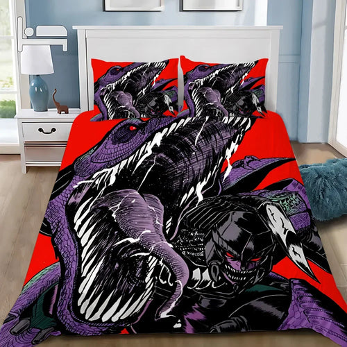 Parure de lit Transformers avec personnage robot noir et dinosaure violet sur fond rouge – Transformers.