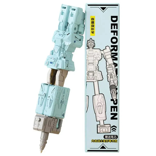 Stylo robot bleu clair transformable en personnage articulé, boîte illustrée – Transformers.