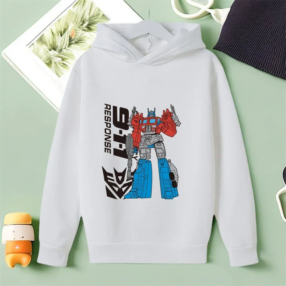 Sweat à capuche blanc enfant, imprimé robot Optimus Prime coloré, posture droite, logo noir – Transformers.