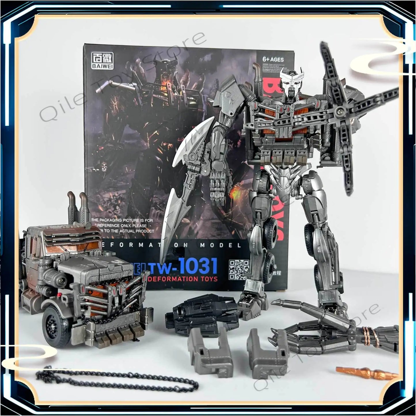 Figura Transformers Scourge Studio Series 18 cm — Set de accesorios blanco y gris