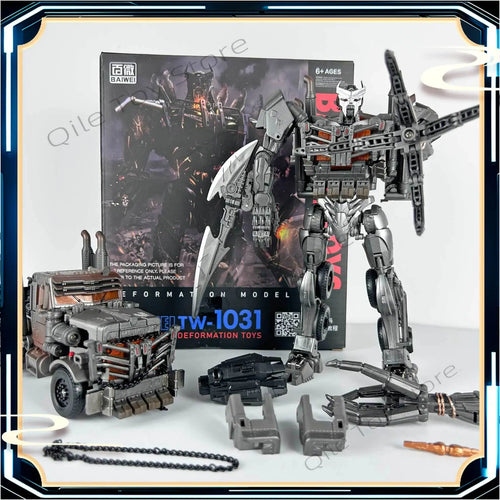 Figura Transformers Scourge Studio Series 18 cm — Set de accesorios blanco y gris