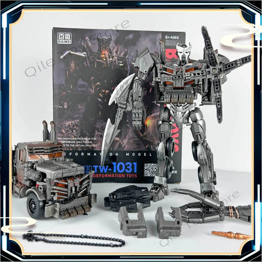 Figura Transformers Scourge Studio Series 18 cm — Set de accesorios blanco y gris