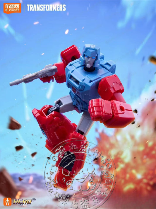Figura de Transformer Robot Azul y Rojo en Posición de Combate — Blokees Ensamblaje Modular