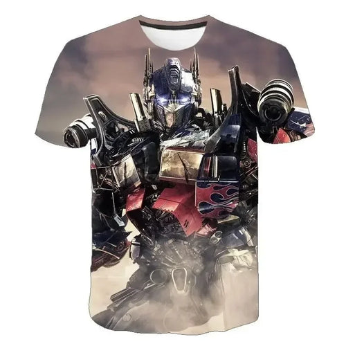 T-shirt imprimé robot géant Optimus Prime en métal, posture dynamique, fond nuageux – Transformers