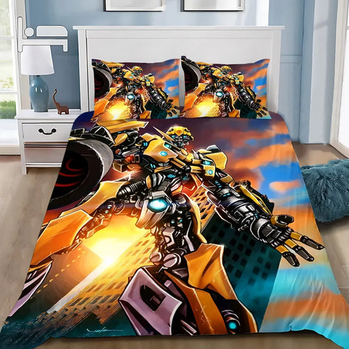 Parure de lit avec robot jaune Bumblebee en action, fond urbain coloré – Transformers.