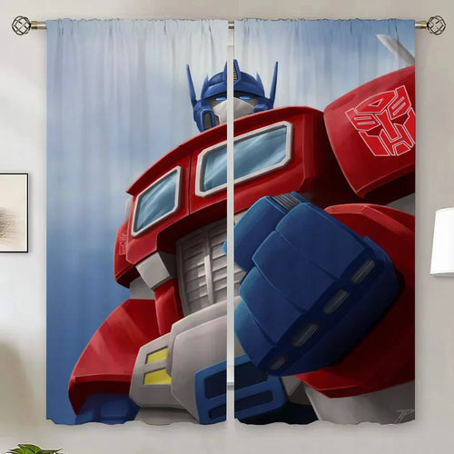 Rideau décoratif Optimus Prime imposant, illustré en rouge et bleu sur fond clair – Transformers.