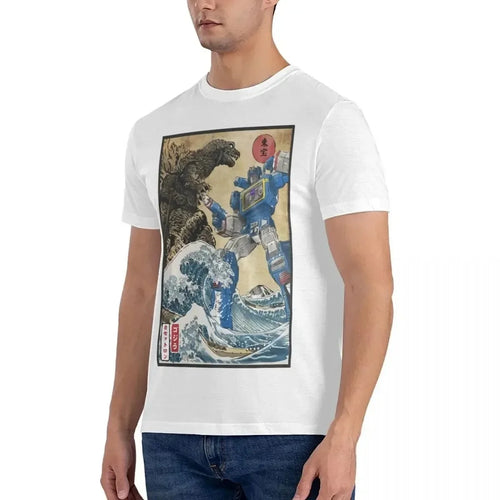 T-shirt blanc imprimé robot Transformers affrontant un monstre, vague japonaise, style ukiyo-e – Transformers.