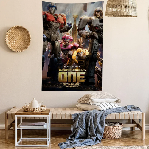 Affiche murale Transformers One avec robots colorés en posture dynamique, décor urbain sombre – Transformers.