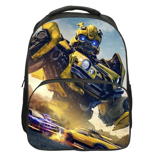 Sac à dos avec Bumblebee jaune, deux voitures en course, ciel bleu, style dynamique – Transformers.