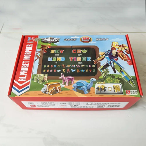 Boîte de jouet Alphabet Morpher montrant robot articulé, animaux colorés et lettres – Transformers.