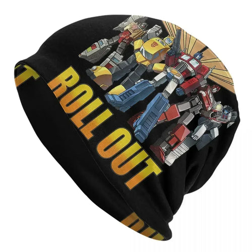 Bonnet noir avec Autobots colorés debout, texte jaune ROLL OUT, style rétro – Transformers.