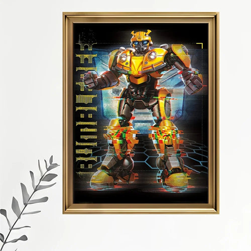 Affiche murale Bumblebee robot jaune debout, fond futuriste, cadre doré – Transformers.