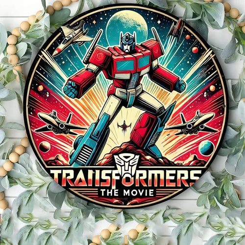 Pancarte décorative Transformers, Optimus Prime debout en héros devant un décor spatial coloré – Transformers.
